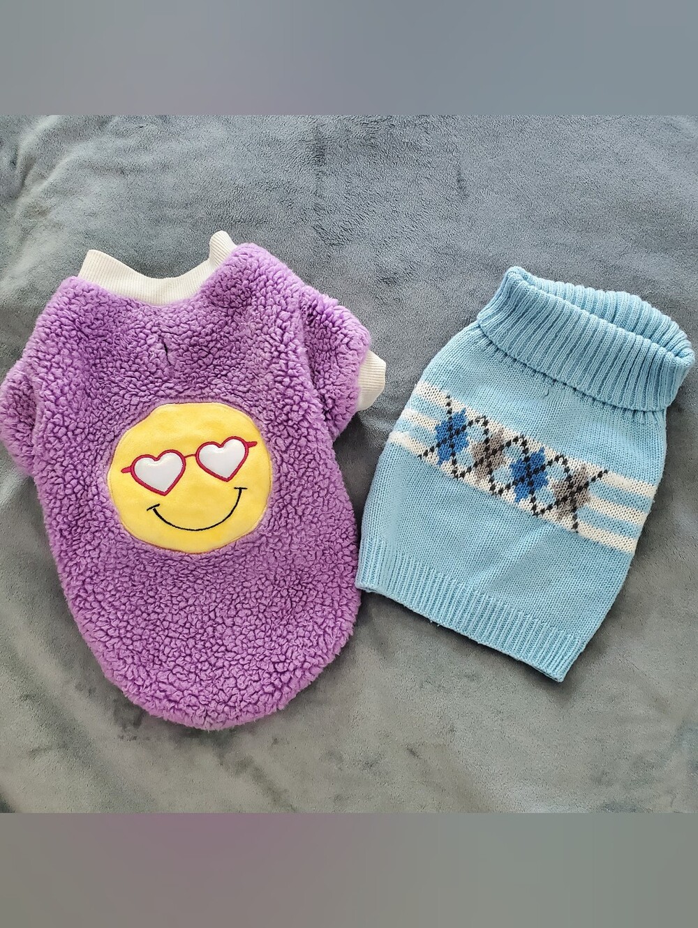Heart to Tail purple and blue dog sweaters with yellow smiley face Small